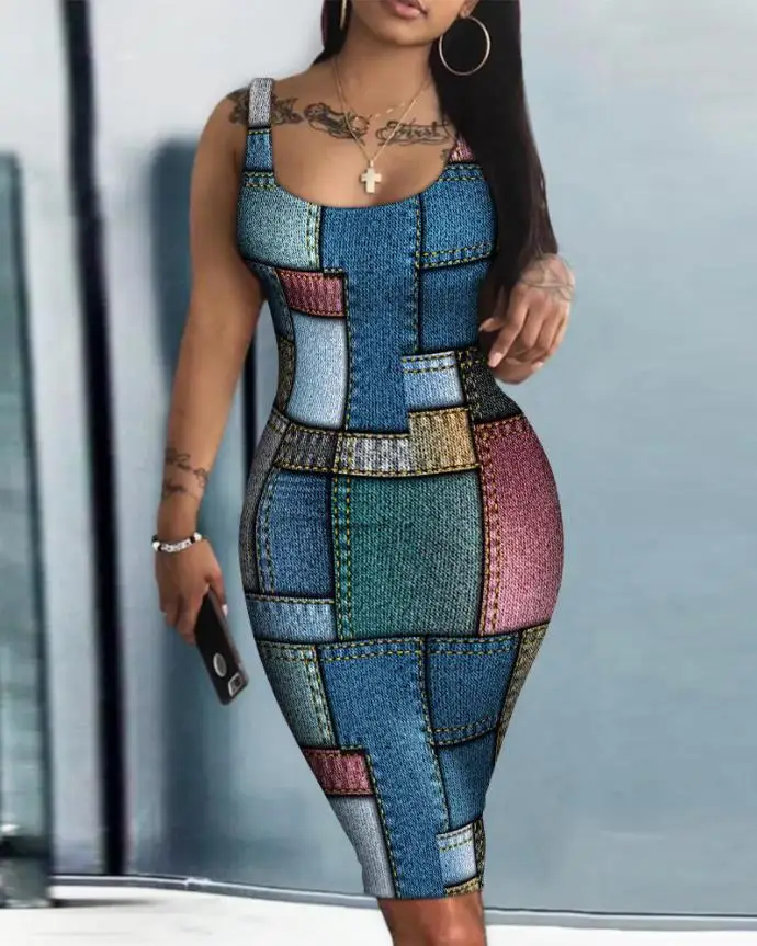 

2023 New Spring and Summer Women's Sexy Denim Look Print Sleeveless U-Neck Dress