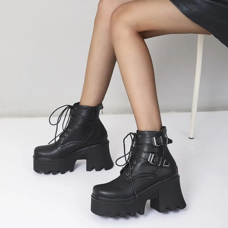 

Women Boots Platform Square High Heel Round Toe Punk Shoes Spring Autumn Daily New Fashion Buckle Strap Lace Up Women's Shoes