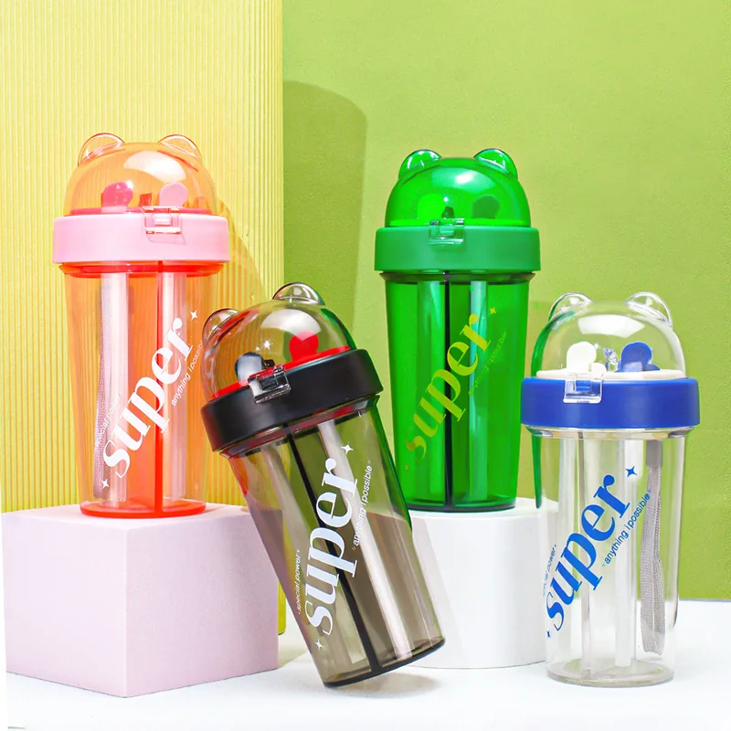 

420ML Double Straw Plastic Cup Large Capacity Leak-Proof Water Bottle Coffee Tea Mug Outdoor Bottle Kettle Mug