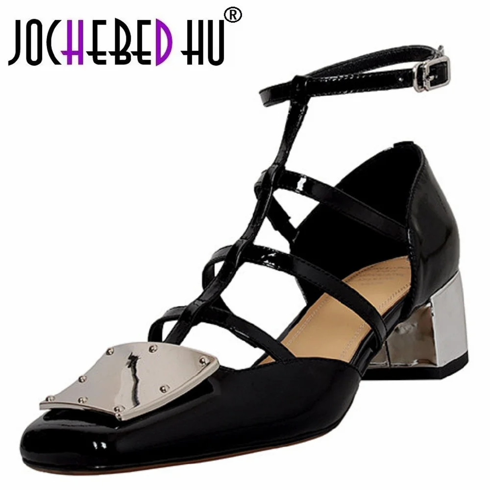 

【JOCHEBED HU】New Women Shoes Patent Leather Sandals Med Heels Pumps Metal Decoration Designer Shoes Square Toe Buckle Strap