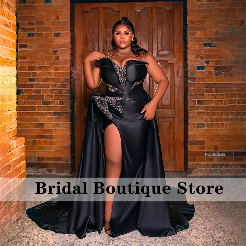 

Plus Size African Evening Dress Elegant Beads Pearls Crystals Side Split Prom Luxury Wedding Party Gowns Robe De Soirée Custom