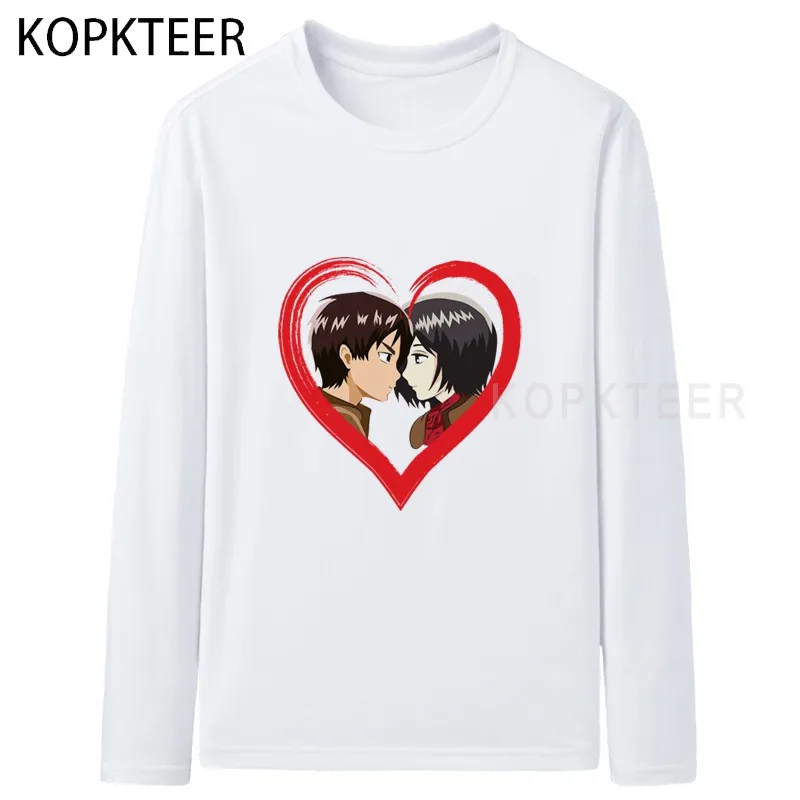 

Eren and Mikasa Attack on Titan Black Men's T-Shirt Anime Manga Casual Pure Cotton Tees Long Sleeve T Shirts Round Neck Clothes