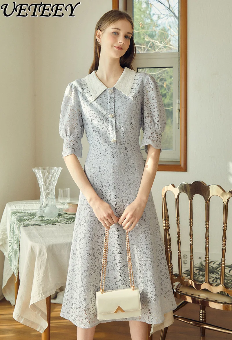 

Fashion Peter Pan Collar Waist Slimming Lace Dress for Women 2023 Summer New Elegant High Sense French Mid-length Dress