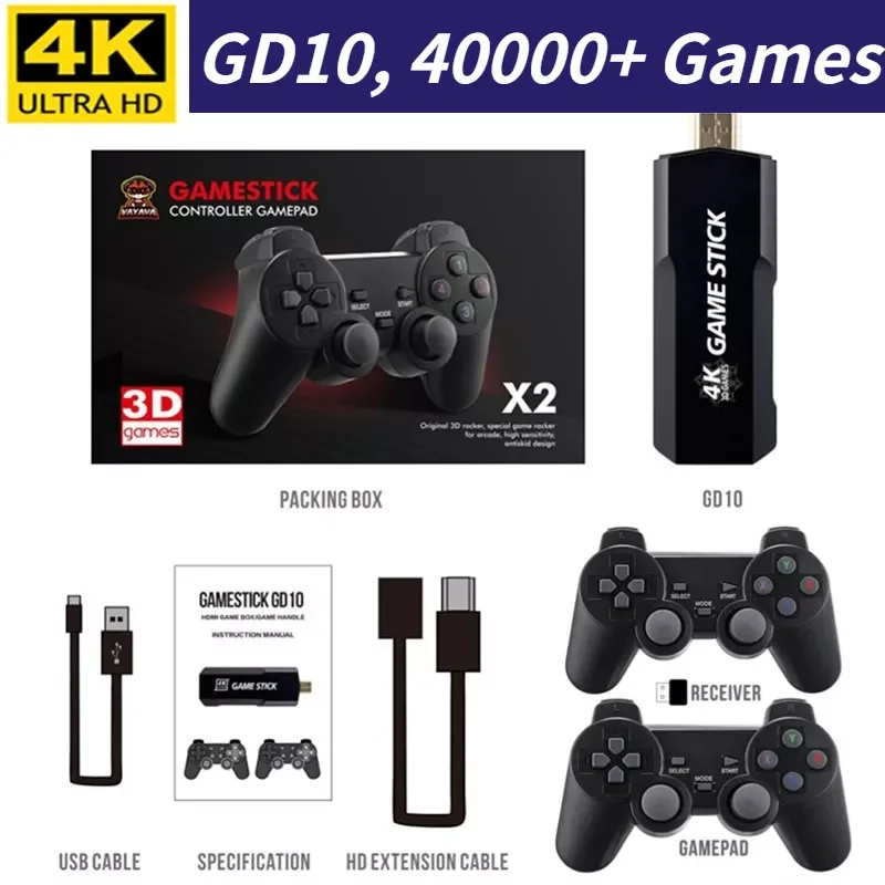 

GD10 Game Stick 4K Retro Video Game Console HD Output Emuelec 4.3 System 2.4G Wireless Controllers 3D PSP PS1 GBA Birthday Gift