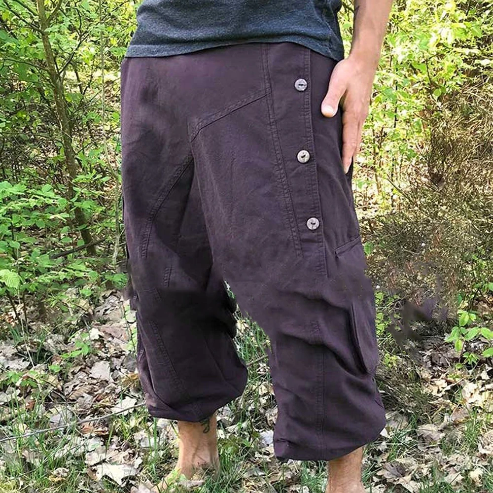 

2023 Summer Men's Casual Workwear Harem Pants Solid Color Multi-Pocket Lace Up Retro Linen Comfortable Trousers