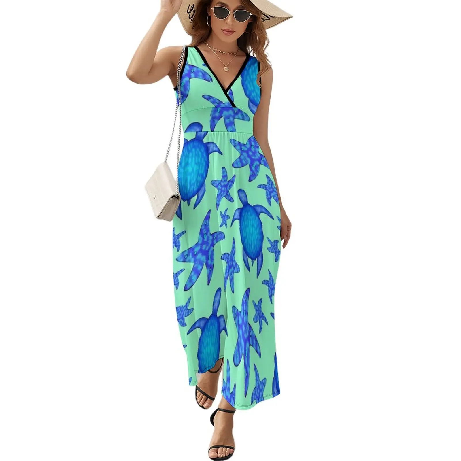 

Платье женское длинное в богемном стиле, уличная одежда с принтом черепашек и морских звезд, синее морское платье макси, идея для подарка
