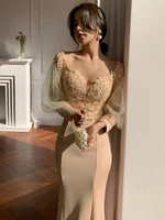 romantic trumpet evening dress sexy deep v neck long sleeve slim women banquet gown delicate embroidery long party dress