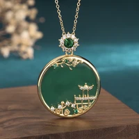 natural ice chalcedony inlaid pendant necklaces emerald color full green sun green round landscape necklaces for men and women