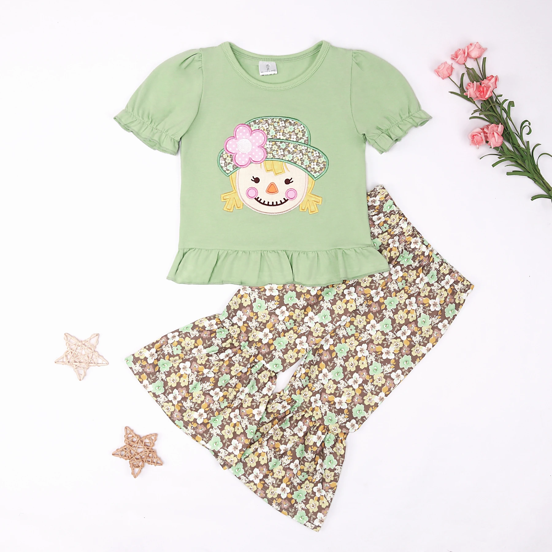 

Bebe Autumn Outfits Baby Girl Clothes Set Scarecrow Embroidery Bodysuit Children's Suit Kids Green Casual Wear Floral 1-8T Pants