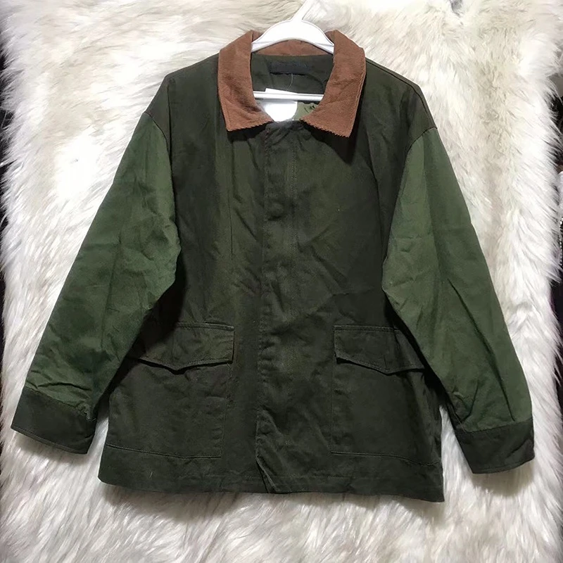 

2022 Woman Autumn Army Green Trench Coat Patchwork Corduroy Turn-down Collar Oversized Loose Sides Pockets Windbreaker Jackets