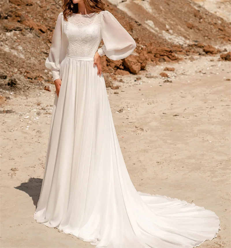 

Empire Romantic Soft Lace Chiffon Bridal Gown A-Line Long Sleeve Wedding Dress Boat Neck vestidos de mairee Wedding Dress