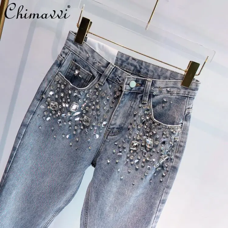 Jeans Women 2023 Fall Ladies European Fashion Full Diamond Rhinestone Casual Baggy Denim Pants Women's Simple Streetwear Jeans