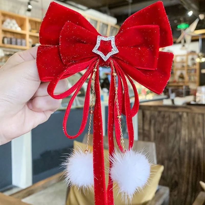 Красный бархатный бант украшение для волос круги заколки Рождество Новый Год