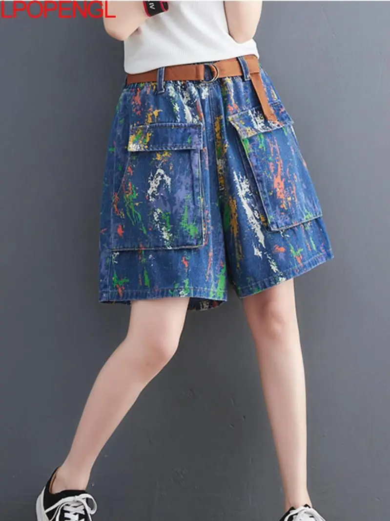 

Vintage Womens Summer Loose Denim Skirts Knee Length Women Print Female Casual Streetwear Korean Wide Leg Graffiti Short Denim