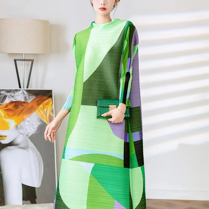 

Miyake Fold Dress 2022 Spring/Summer New High-End Temperament Design Sense Printing Dress Women Loose Fashion Swing Dresses