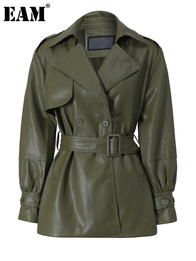 

[EAM] Loose Fit Green Belted Big Size PU Leather Jacket New Lapel Long Sleeve Women Coat Fashion Tide Spring Autumn 2023 1DF4101