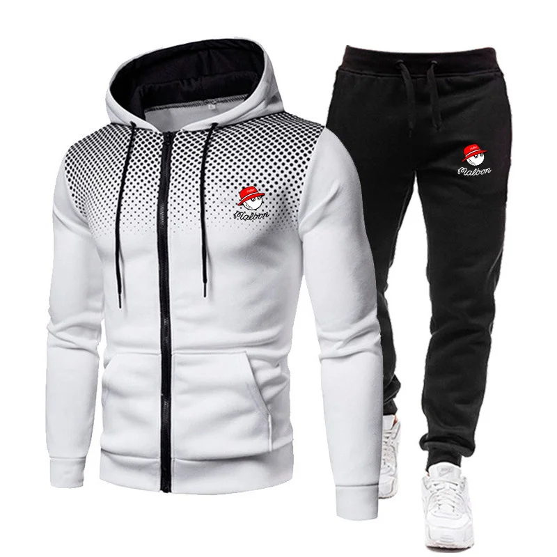 

New Men's Brand Malbon Golf Suit Autumn and Winter 2022 New Fashion Zipper Hooded Sweater + Pants Two-piece Casual Sports Suit
