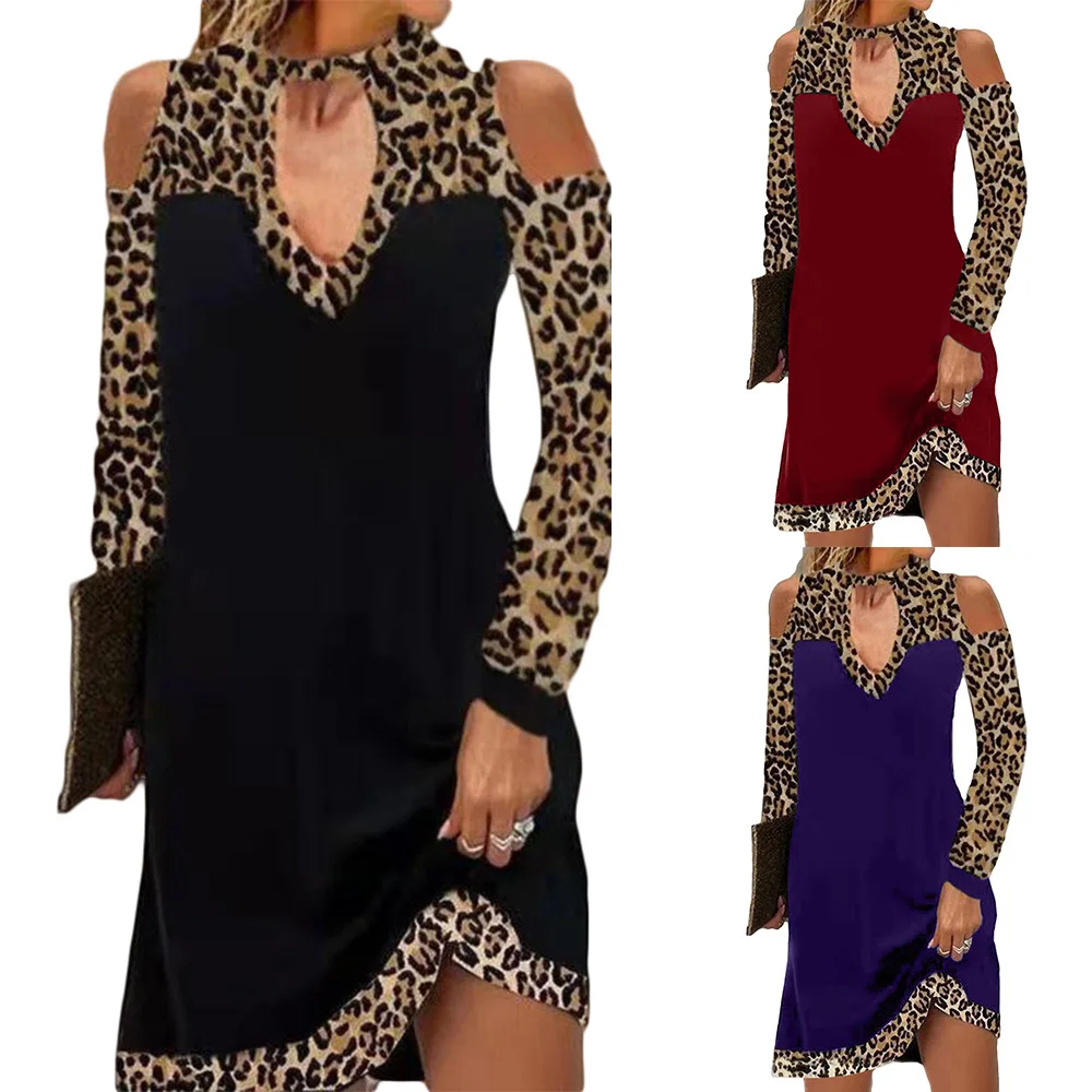 

Женское платье с леопардовым принтом, контрастное платье средней длины с открытыми плечами и длинным рукавом, элегантное платье для взросл...
