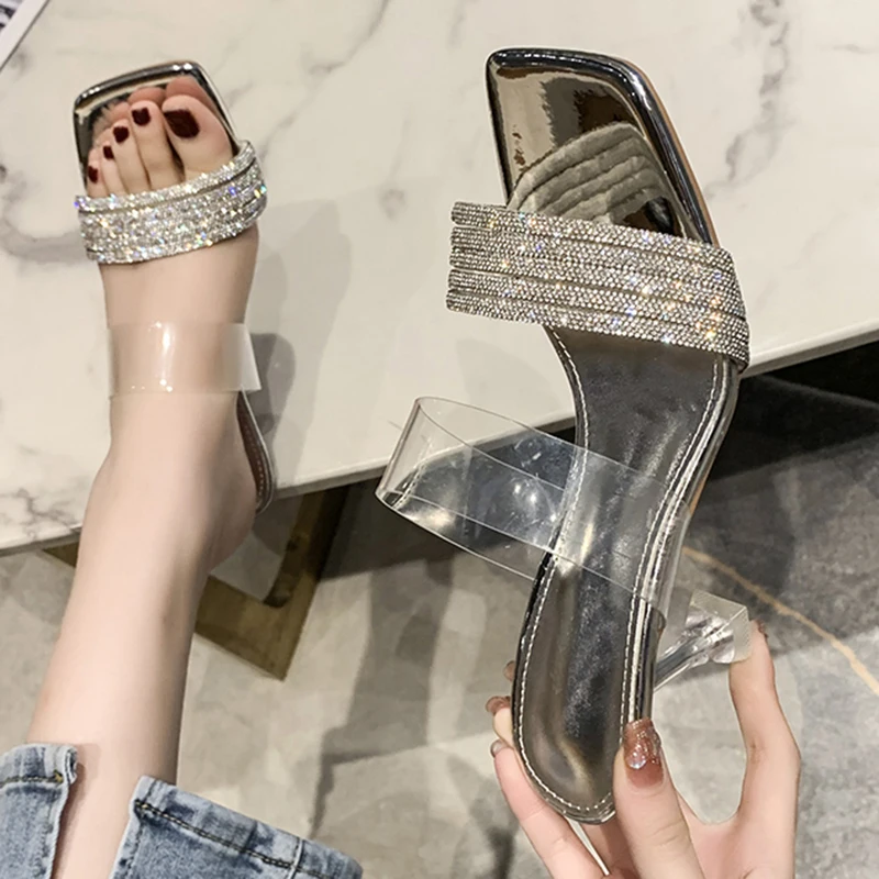 

Lucyever Transparent Pvc Crystal Slippers Women 2022 Summer Square Toe High Heels Shoes Woman Silver Stiletto Heel Slides Mujer