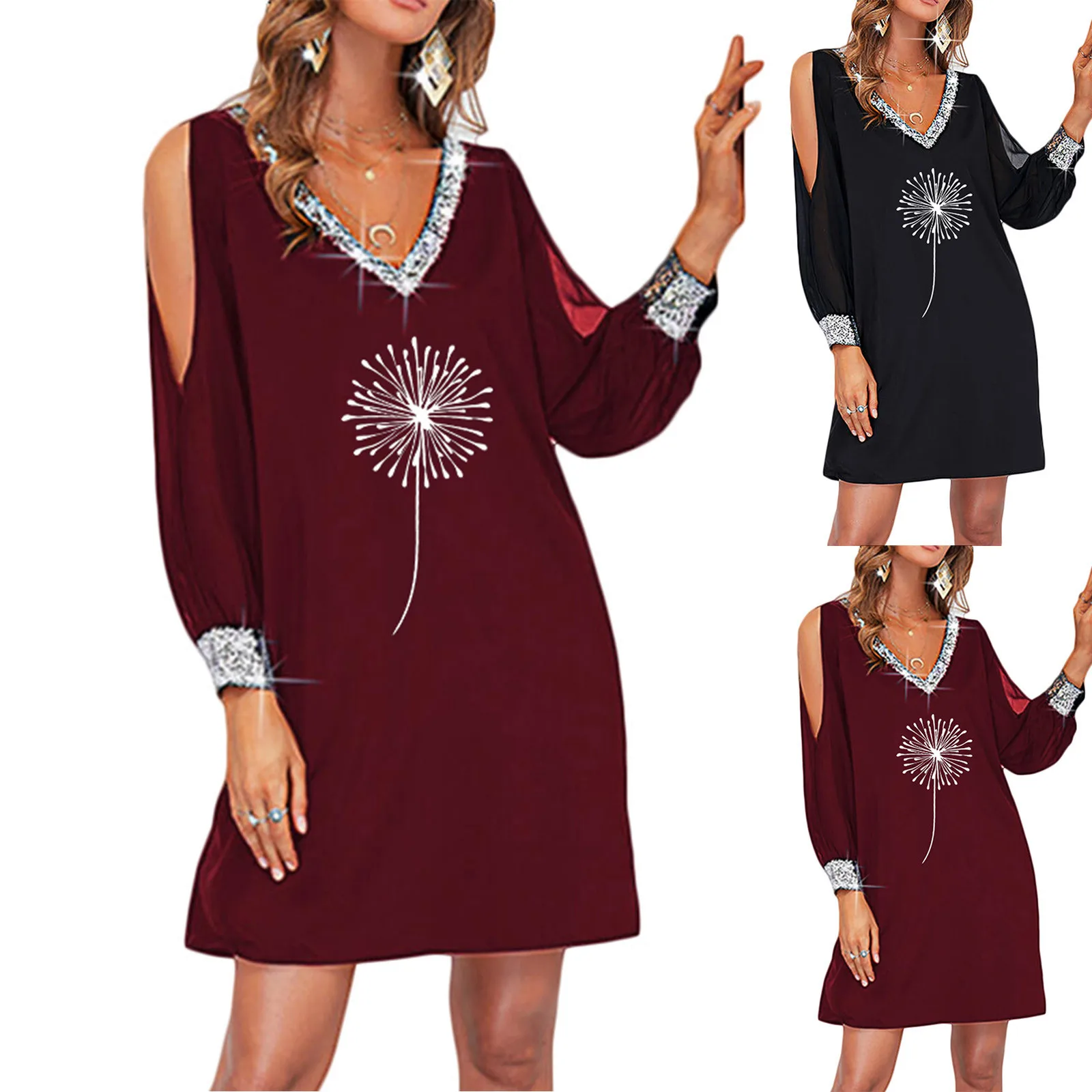 

Sateen Dress Women 2022 Women Dress Paillette Long Sleeve Flower Print Off Shoulder V Neck Elegant Dress Women Casual Summer