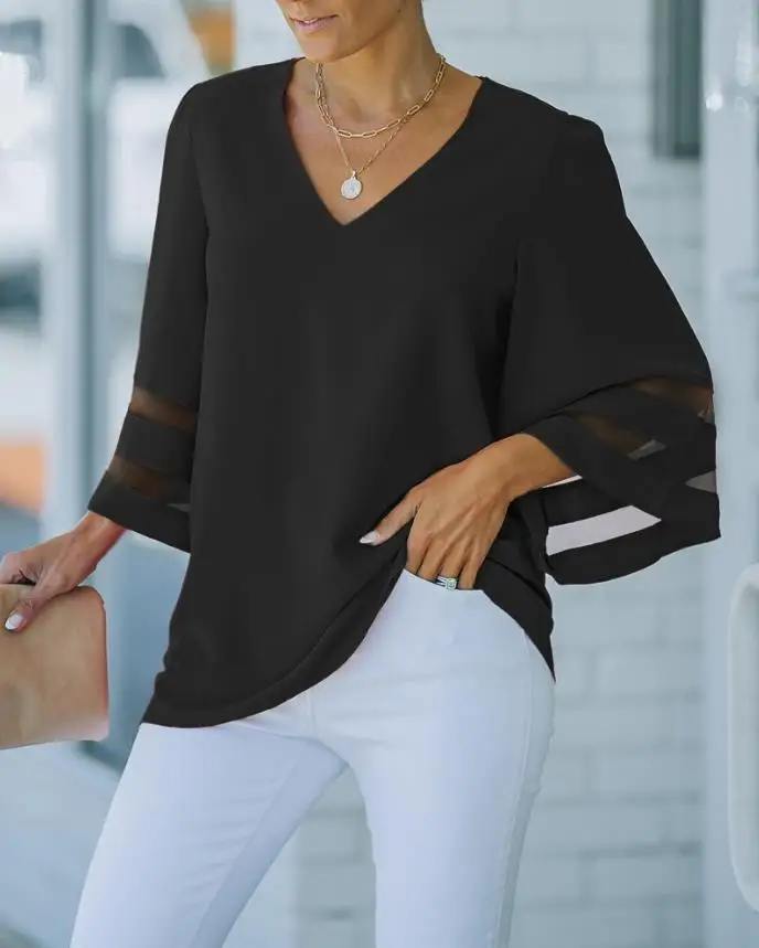 

Women Contrast Mesh Bell Sleeve Top Sexy V-Neck Short Sleeve T-Shirt Casual Fashion Daily Wear Streetwear