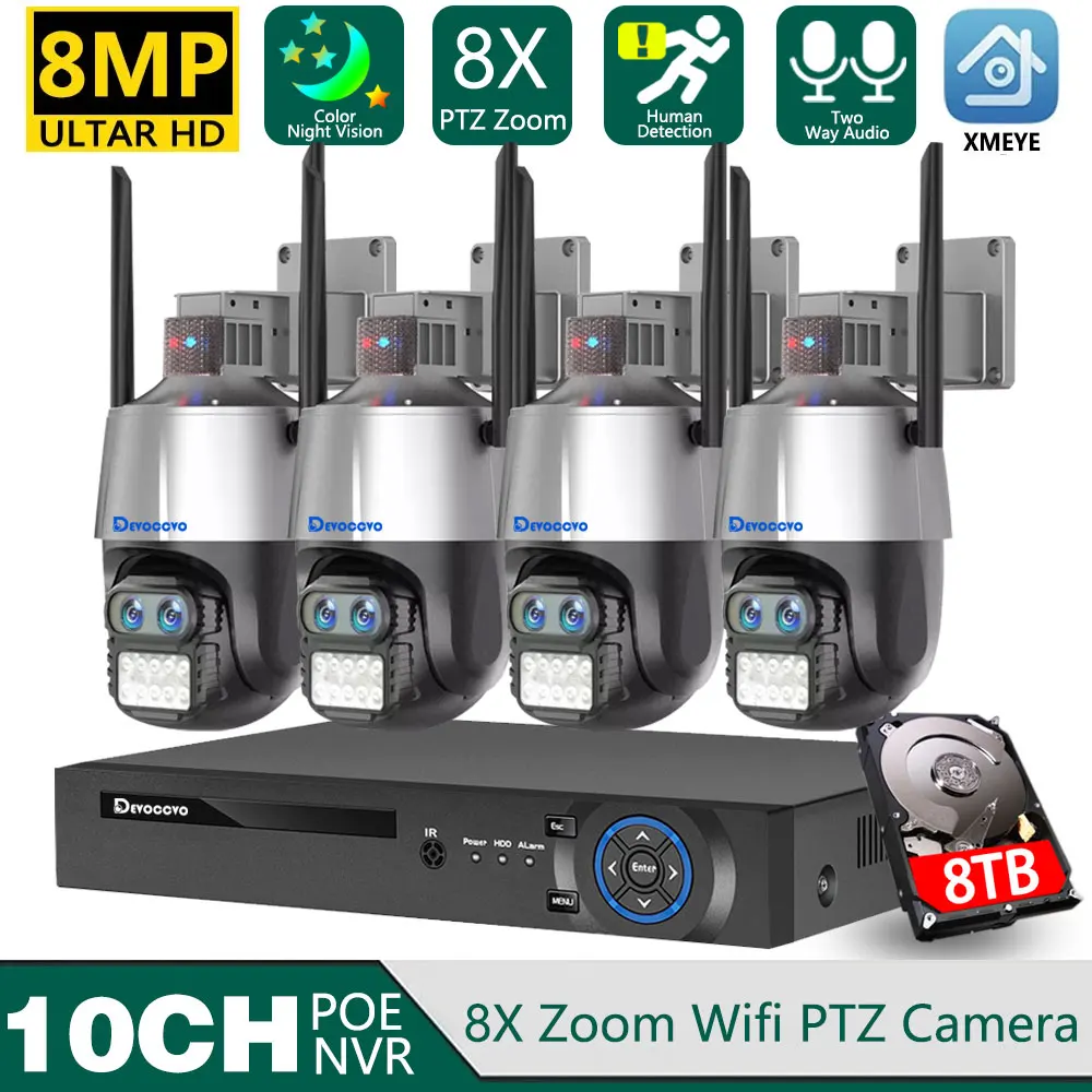 8CH 4K Wifi PTZ IP Camera System Set 8X Zoom Dual Lens Wireless Surveillance Camera System with 8MP 10CH POE NVR Security System