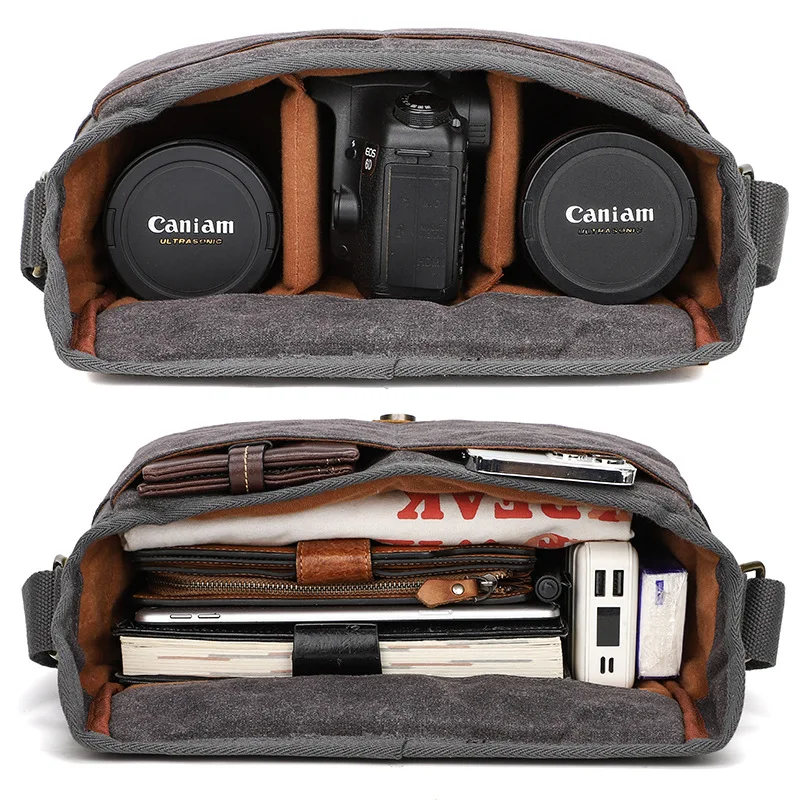 Outdoor Photography Bag Retro Waterproof Canvas With Cowhide Multi-Purpose DSLR Camera Bags Micro Messenger Shoulder Bag For Men