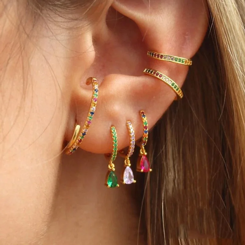 

New Arrival 2023 Fashion Multicolor Zircon Droplet Women's Small Hoop Earrings Stainless Steel Pendant Pierced Earrings