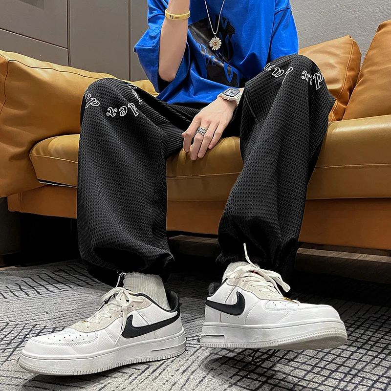 

Мужские летние вафельные тонкие брюки, модные брендовые повседневные брюки с принтом