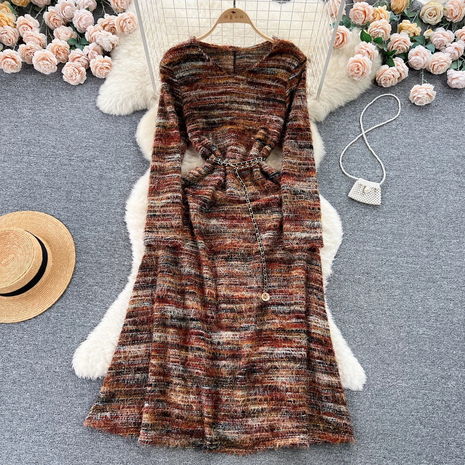 

Винтажное трикотажное платье с V-образным вырезом и длинным рукавом, шикарные элегантные платья, винтажное осеннее женское платье-трапеция в Корейском стиле