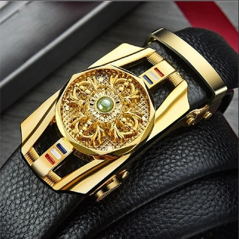 

Ремень мужской с автоматической пряжкой, модный роскошный винтажный кожаный пояс с декоративным драгоценным камнем