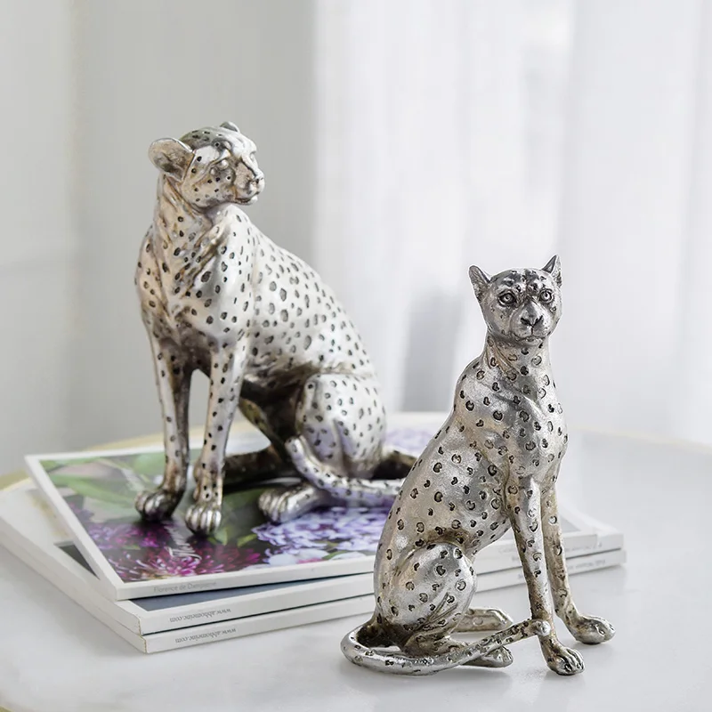 

Resin Simulation Animal Sculpture Cheetah Leopard Silver Panther Decorative Figurines Home Decoration Accessories Handicraft