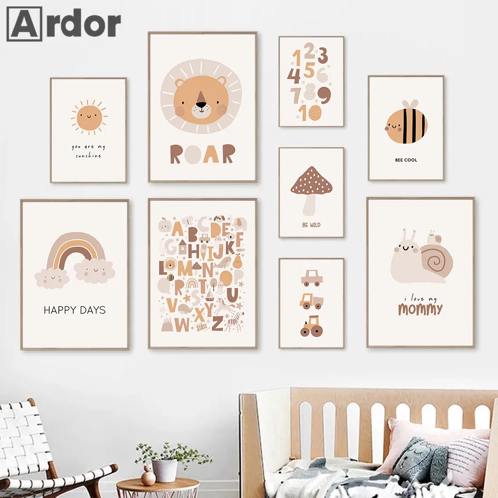 

Cartoon Snail Bee Lion Wall Poster Sun Rainbow Canvas Painting Alphabet Art Prints Nursery Wall Pictures Baby Kids Room Decor