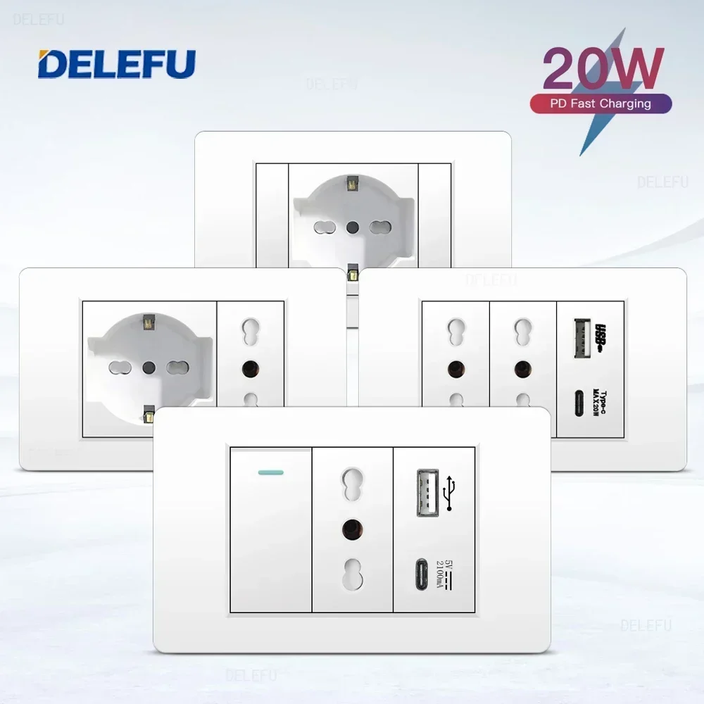 DELEFU Bianco Ritardante PC Italia USB TypeC Presa a muro a ricarica rapida Schuko Tuya Wifi Smart Switch Sat TV Tel Campanello Cile