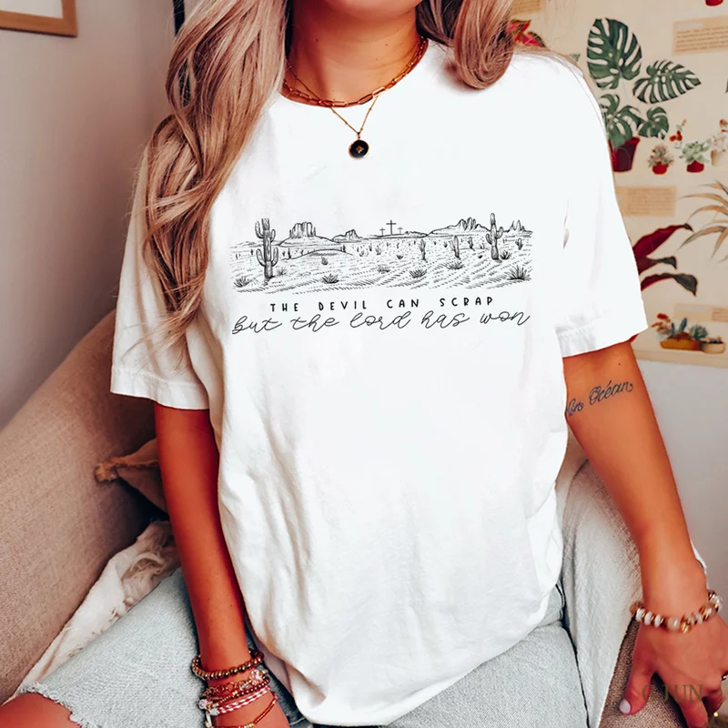 

100% Cotton Women T Shirt The Devil Can Scrap But The Lord Has Won Print Female Tops Aesthetic White Tshirt Clothes Ulzzang Tees