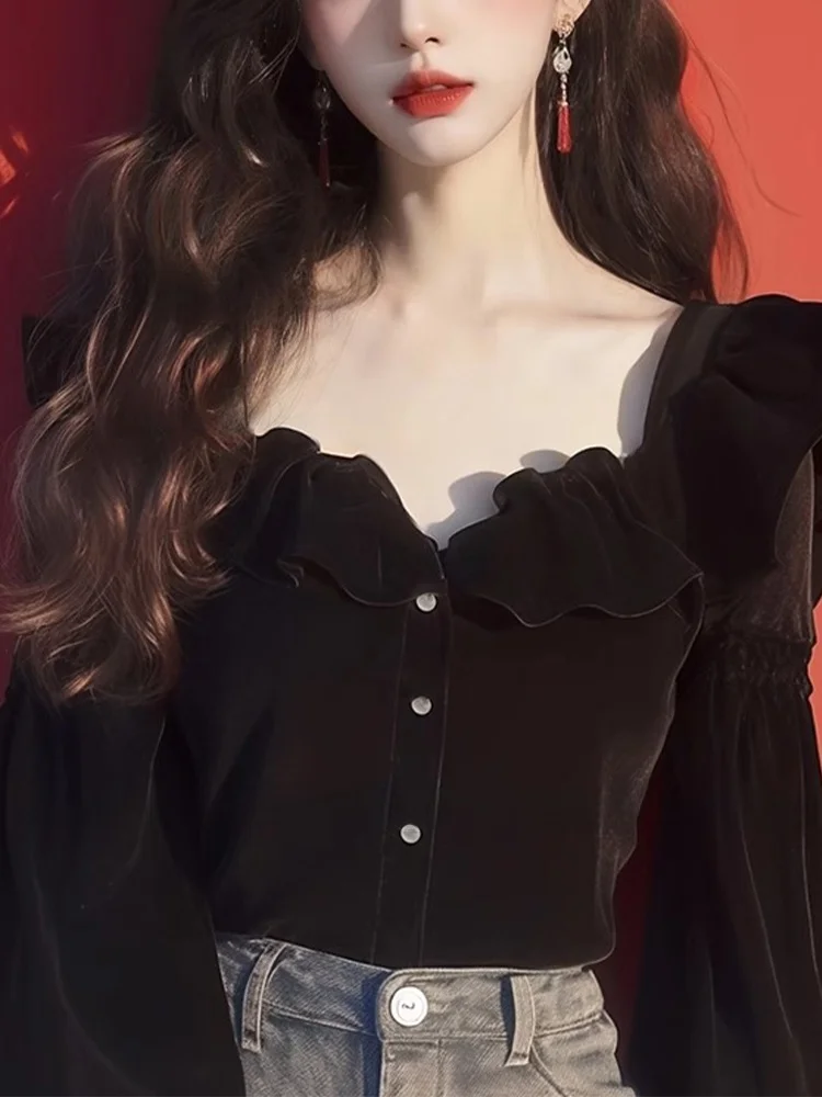 Черные бархатные топы French Sle Hepburn Wind женские 2024 ранняя осень Новое поступление