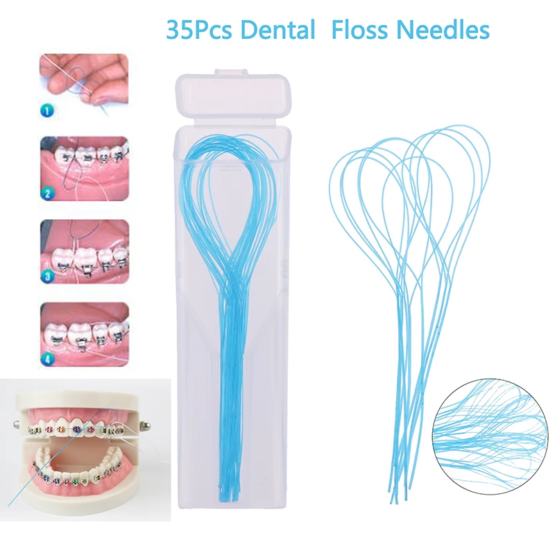 

35Pcs Toothpick Tool Floss Threaders Tooth Floss Holders Between Orthodontic Braces Bridge Hilo Dental Oral Clean Blue