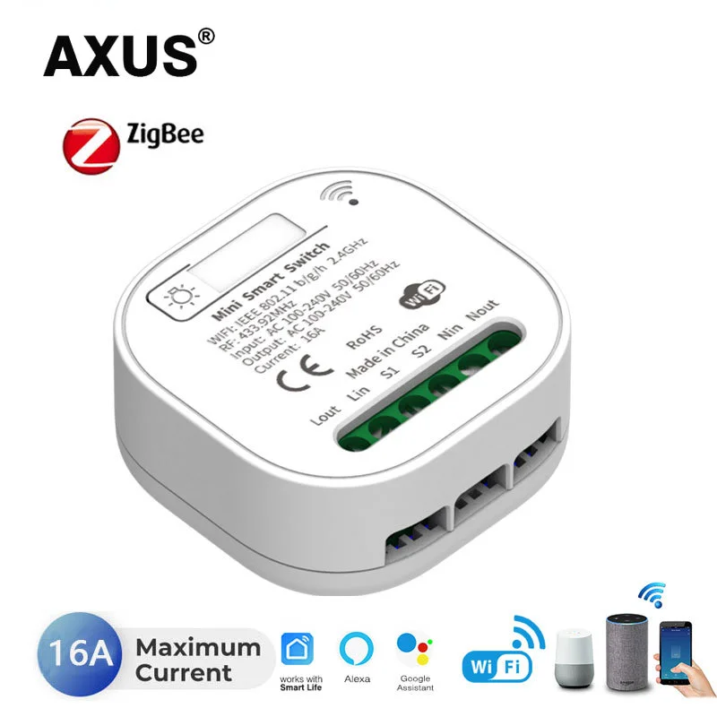 

AXUS Zigbee WiFi 433Mhz 16A Mini DIY Smart Switch 2 Way Control Receiver Relay Work with Alexa Google Assistant Smart Life Home
