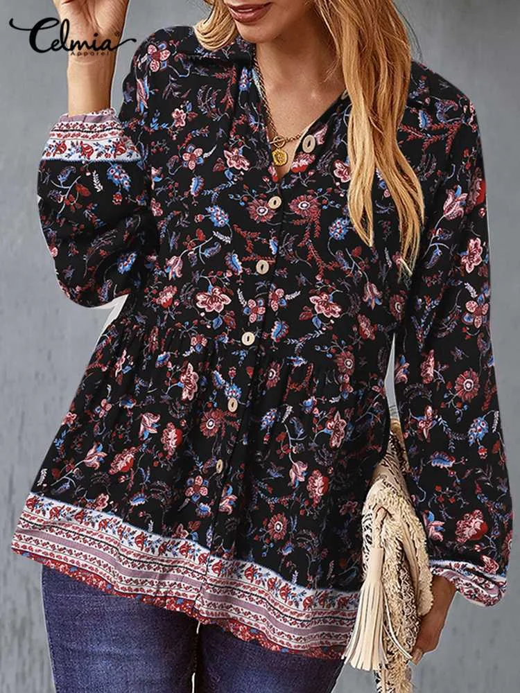 

Celmia 2022 Summer Floral Print Blusas Casual Puff Long Sleeve Bohemian Loose Blouse Women Lapel Collar Fashion Shirt Tunic Tops