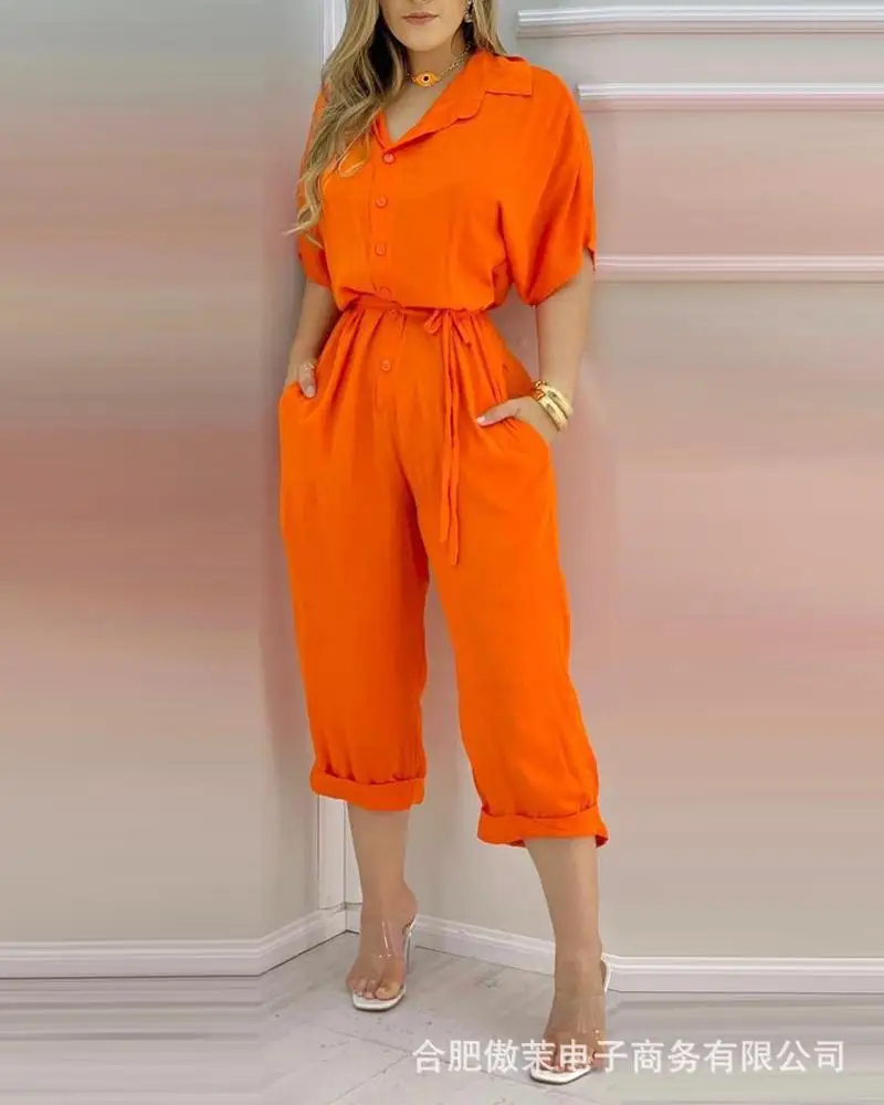 Elegant Woman Short Sleeve Jumpsuit 2023 Summer Solid Color Simple Casual One-Piece Pants with Waist Tucked Female Clothing