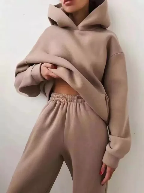 2022 Winter Women Two Piece Sets Tracksuit Autumn Casual Solid Long Sleeve Hoodie Sweatshirts Female Oversized Trouser Pant Suit 1