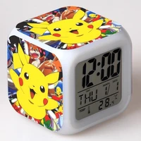 pikachu pokemon cartoon figures luminous led colorful flash alarm clock desk light with temperature anime toys for children gift