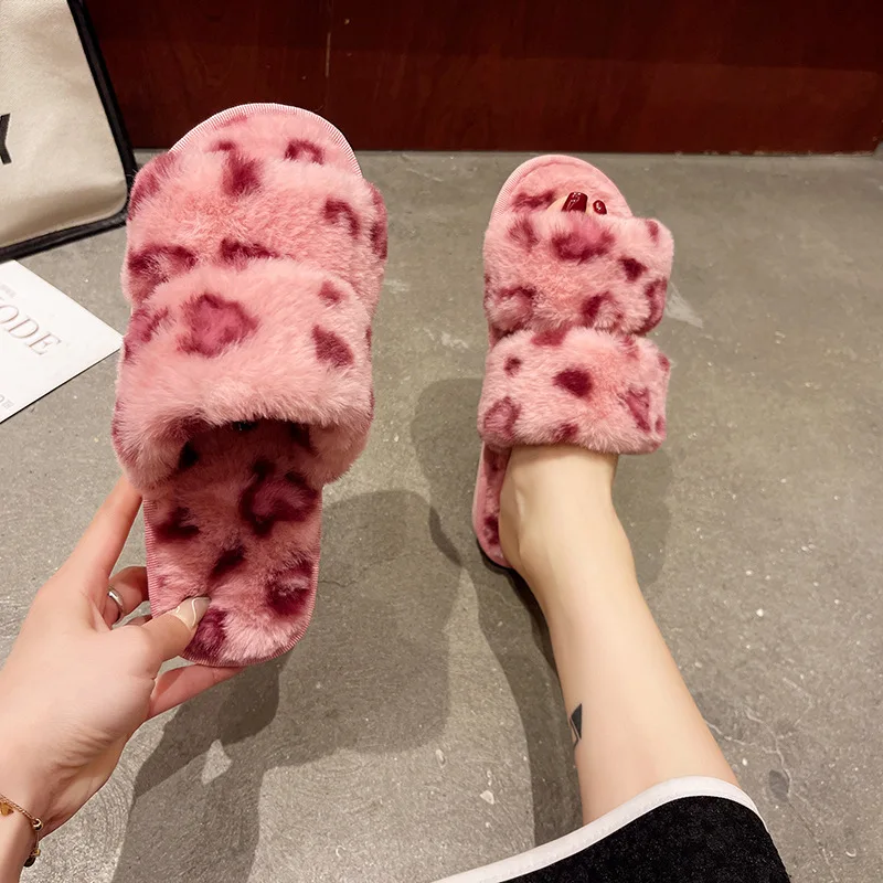Large Size Flat Cotton Slippers Women's 2022 Autumn and Winter new European American Fashion Leopard Print One Word Fur Slippers