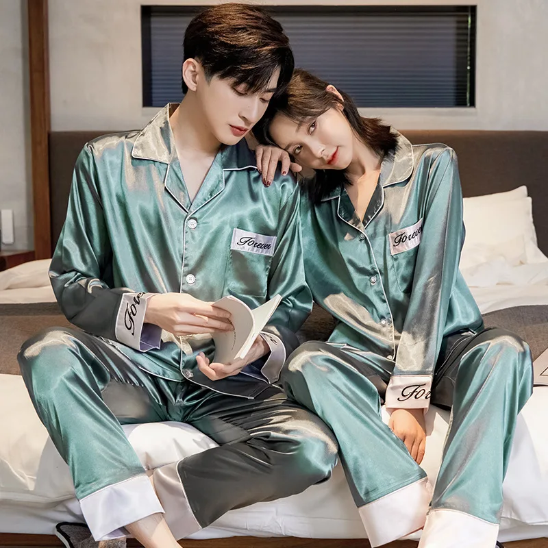 Spring and Summer Silk Couple Pajamas New Men's and Women's Long-sleeved Ice Silk Solid Color Thin Home Service Two-piece Set