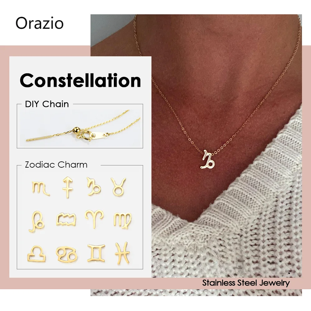 

Orazio Constellation Necklace for Women New Stainless Steel 12 Horoscope Pendant DIY Neck Chain Birthday Jewelry Gift Wholesale