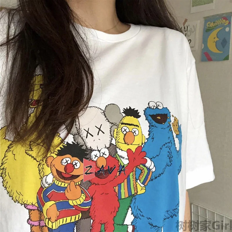 

Co-brand New 2022 Sesame Street K-kaws Short Sleeve Female Cartoon Girl Top Korean Summer Harajuku T-shirt Loose Women Clothes