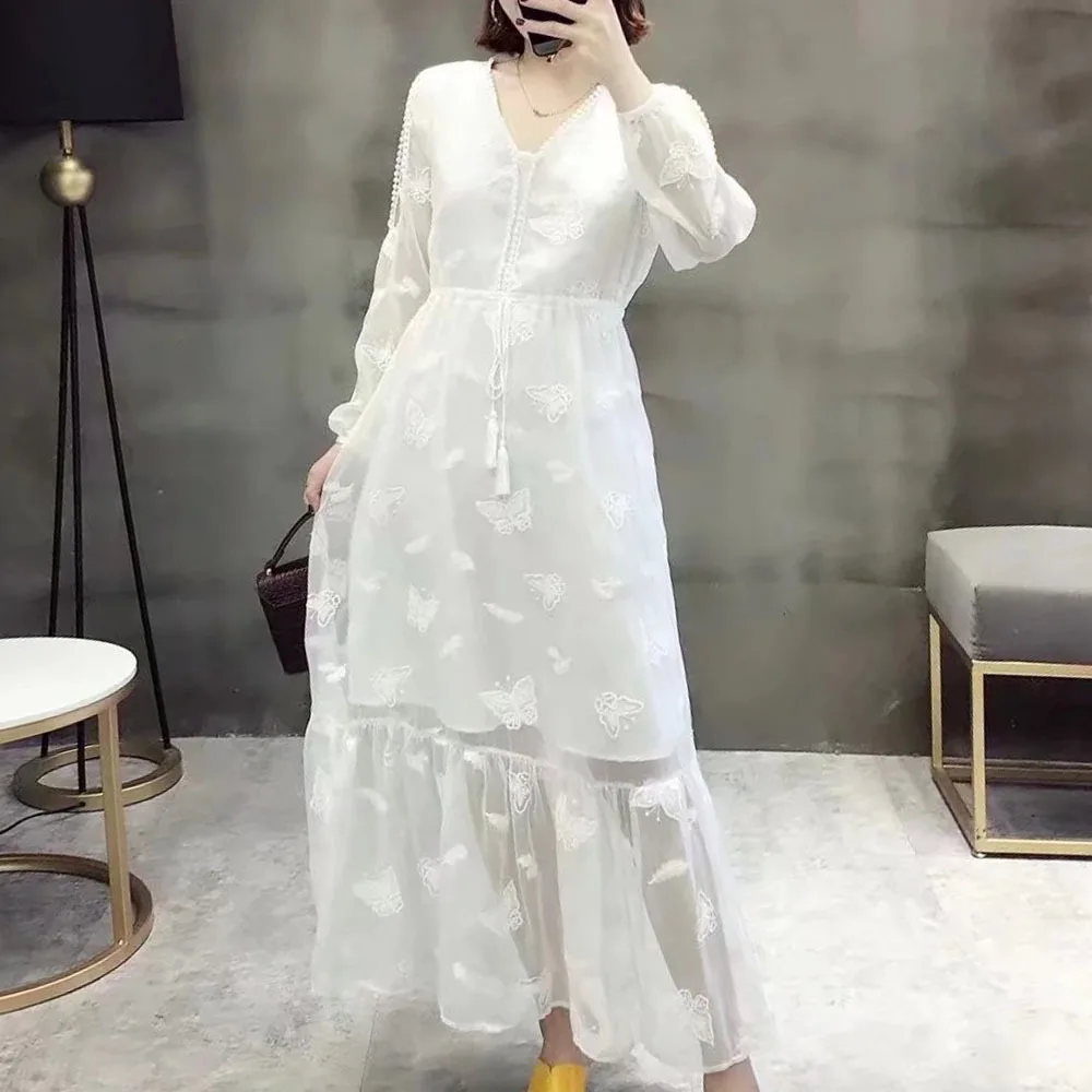 

2022 модное платье, Новинка лета, весенне-весеннее женское белое свободное платье с прострочкой