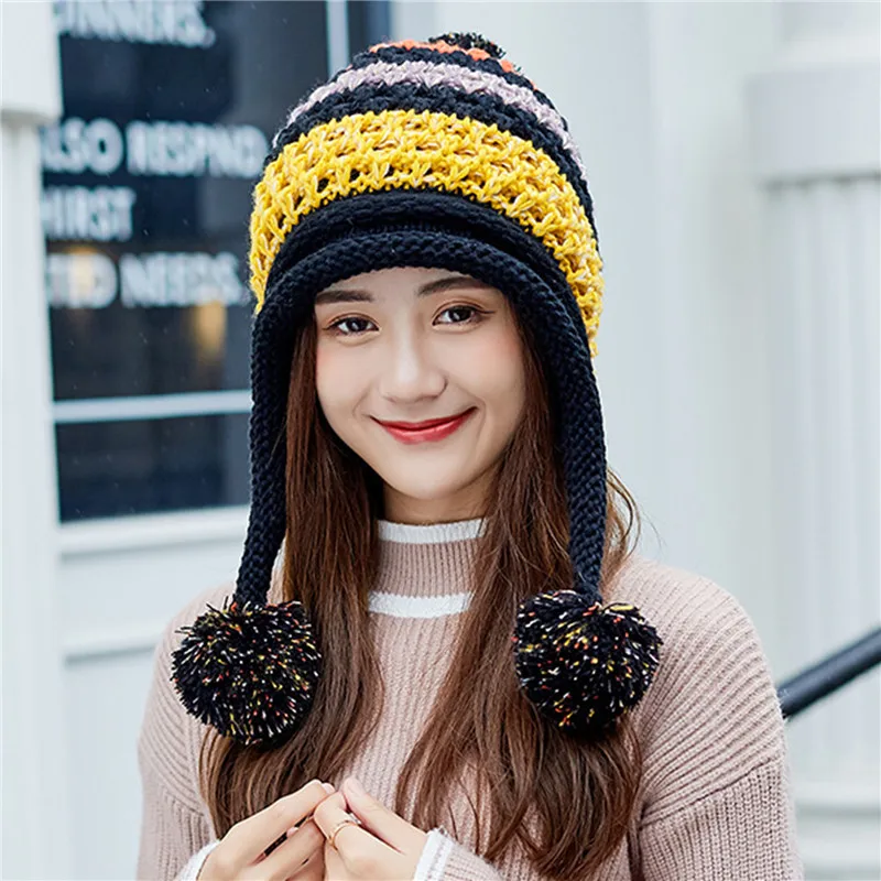 

New Winter Knitted Hats Women Patchwork Pompon Balls Earflap Caps Ladies Warm Thick Winter Beanies Female Beanie Hat