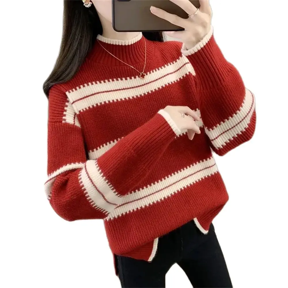 

women outer wear Striped semi-turtle neck women's autumn and winter 2023 new loose fashion Joker bottoming sweater top pullover