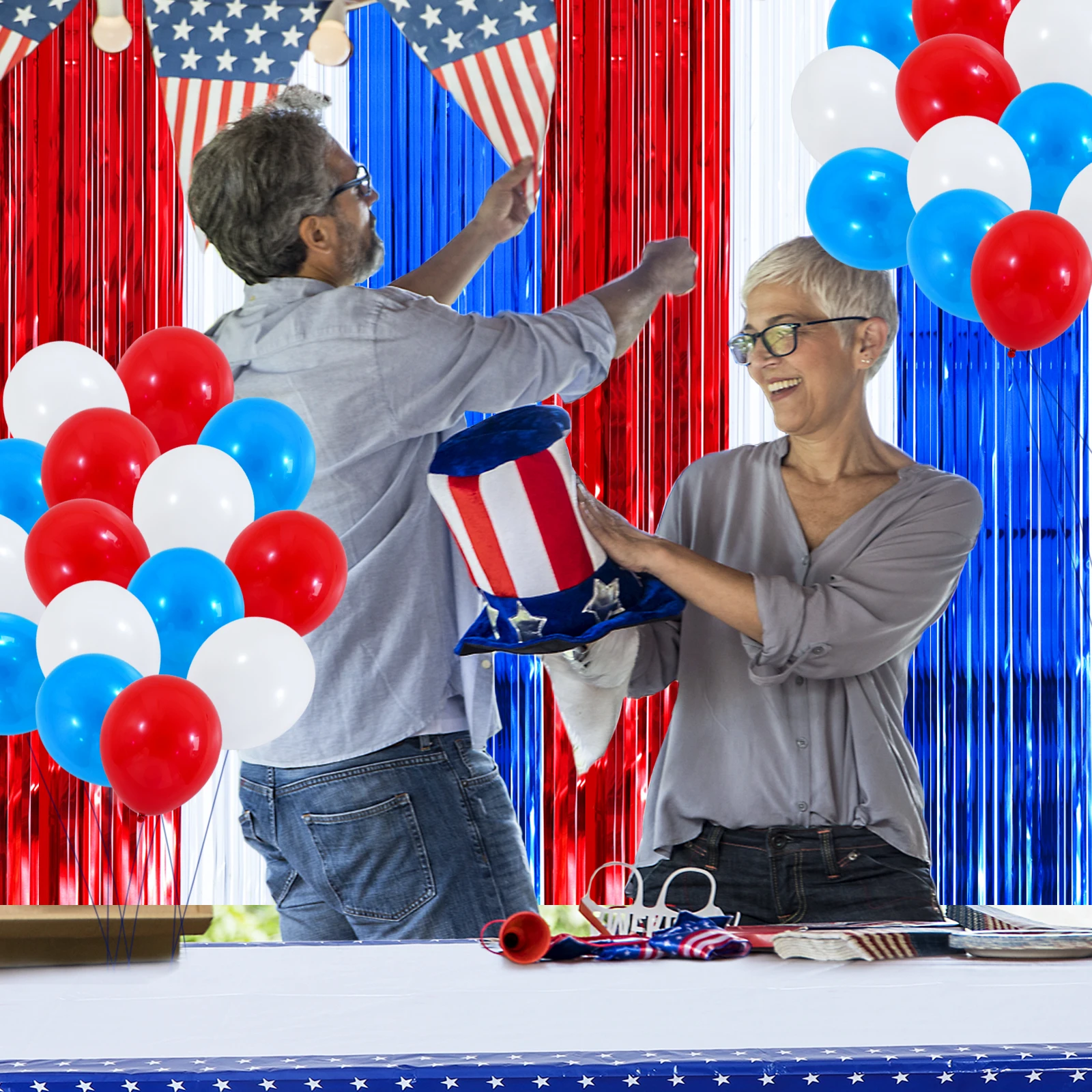 

33Pcs/set 4th Of July Decorations Set Patriotic Party Decoration Kit Balloons Tablecloth Foil Fringed Curtains